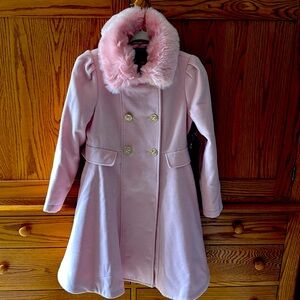 ROTHSCHILD PINK FUR LINED TOWN COAT GOLD BOW BUTTONS, NWT, SZ 10-12, STATEMENT